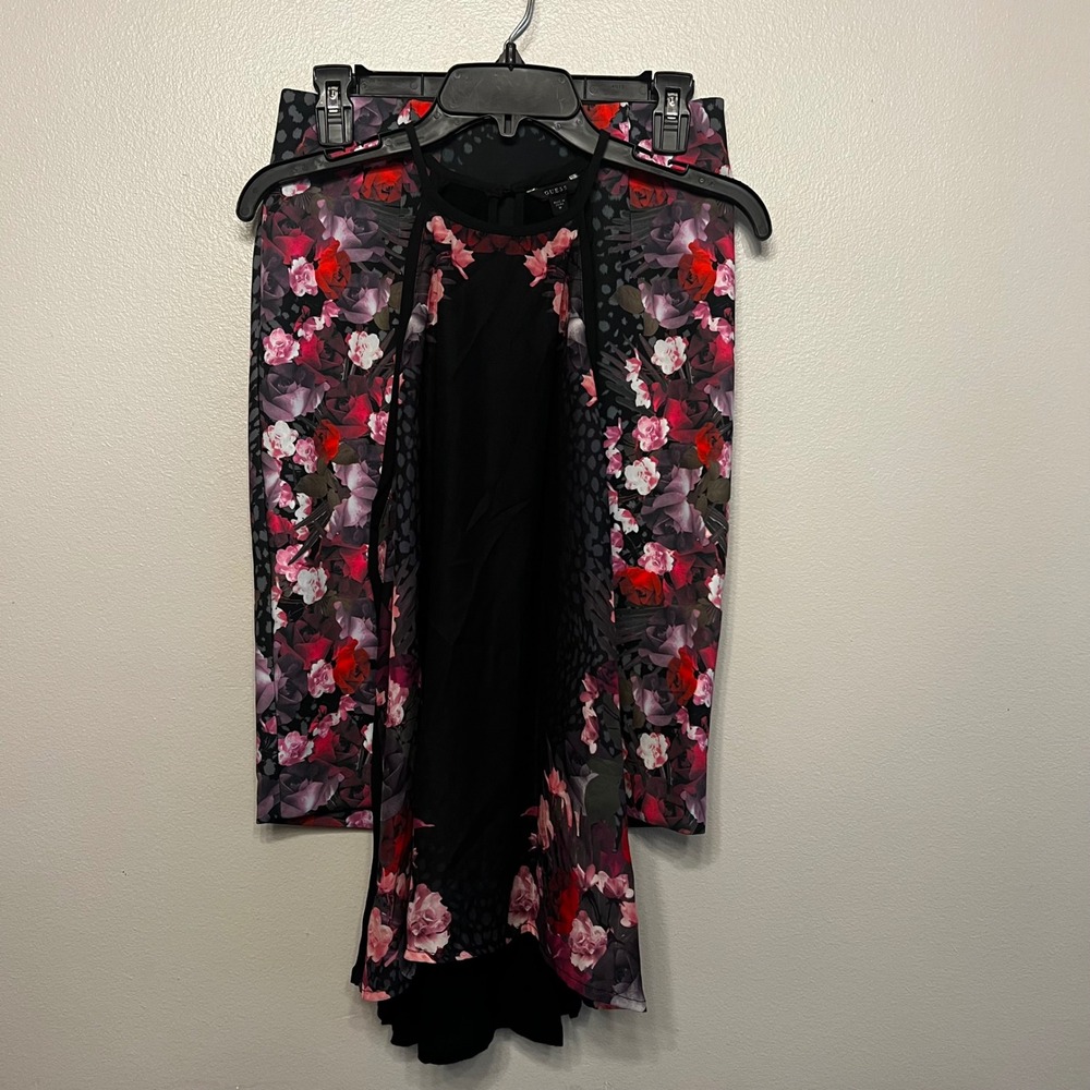 Guess Floral Leopard Print 2 Piece Set Halter Top Pencil Skirt Black Red‎ Medium